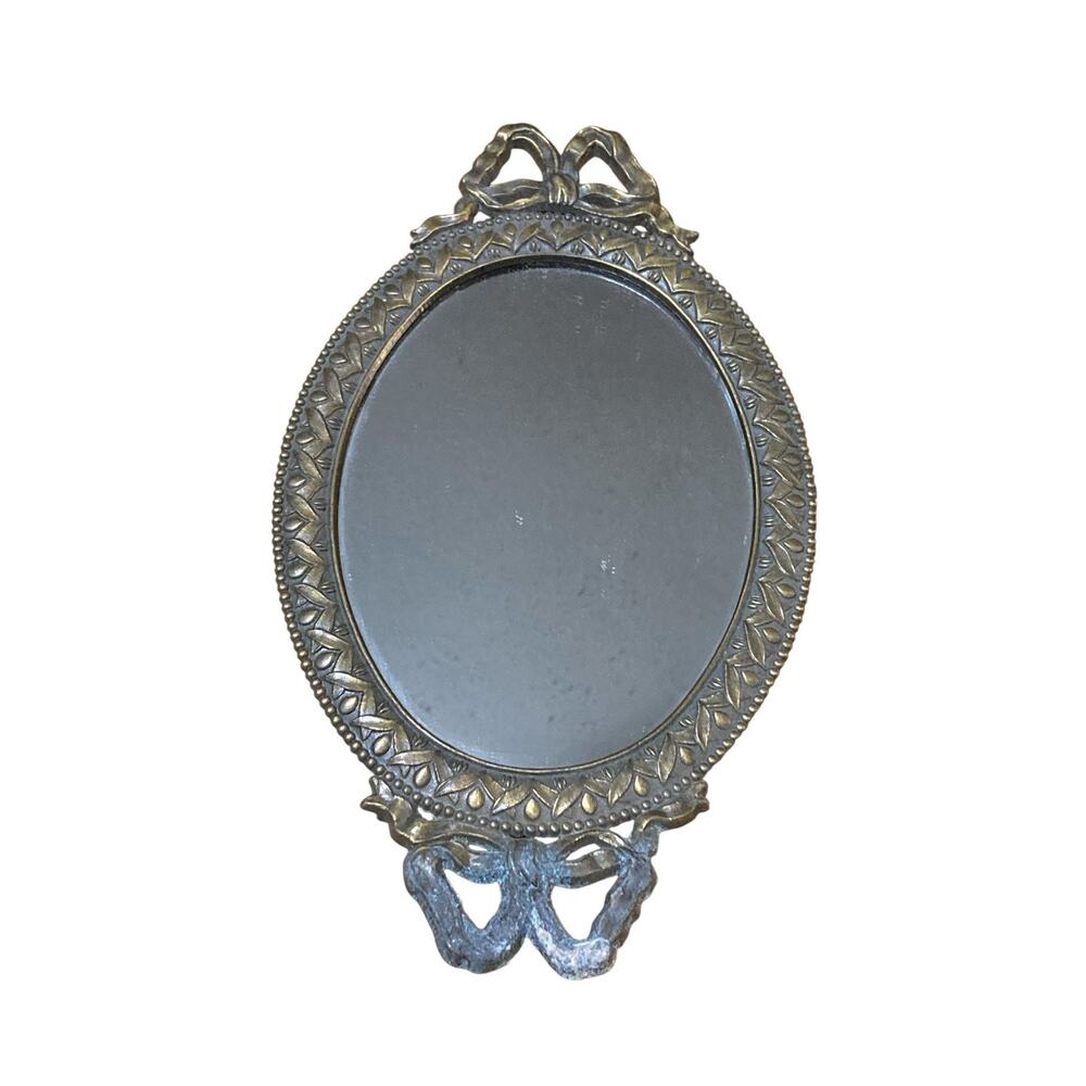 10” X 5.5” Brass Oval Ribbon Style Mirror Made in Korea Vintage Wall Hanging